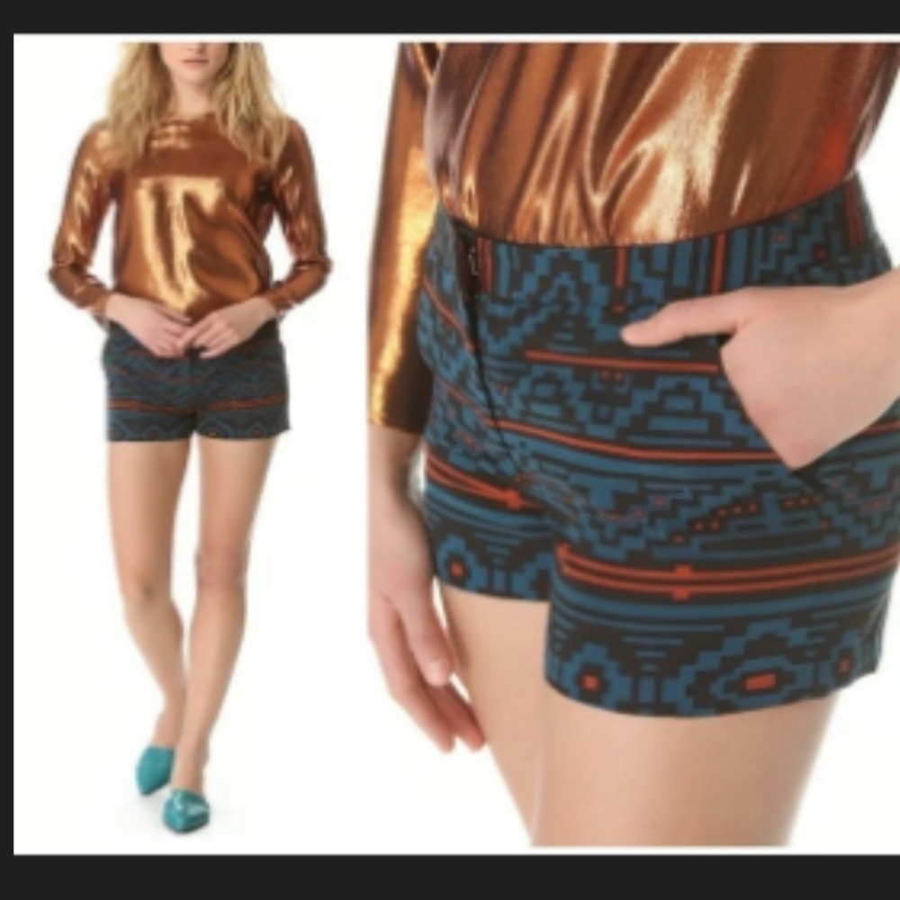 Jenni Kayne Shorts Women 0 Blue Geometric Silk Blend Ikat Southwestern Tailored